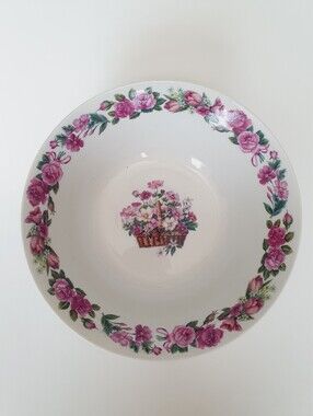 Zhong Da Vintage 9" White Round Serving Bowl with Pink Purple Rose Pattern